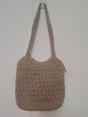 CHATEAU Woven Crochet Shoulder Bag in Beige